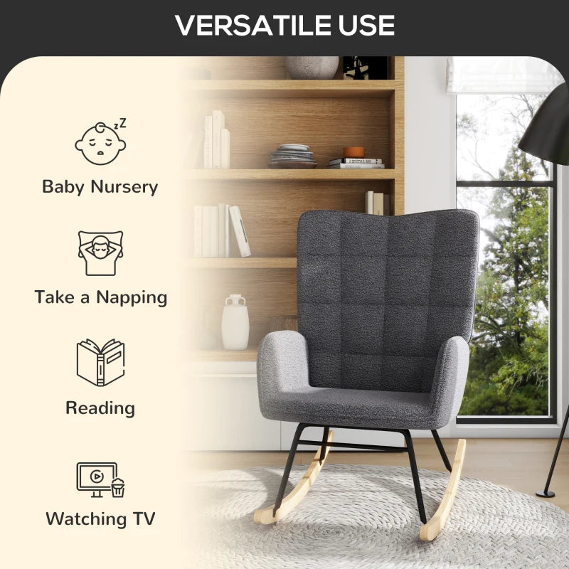 Berber Fleece Nursery Glider Rocker for Nursing, Wingback Rocking Chair in Dark Grey for Living Room
