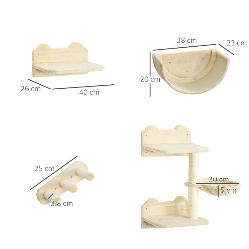 4PC Wall-Mounted Cat Shelves Set with Scratching Post, Hammock & Nest - Beige Cat Furniture for Climbing & Relaxing