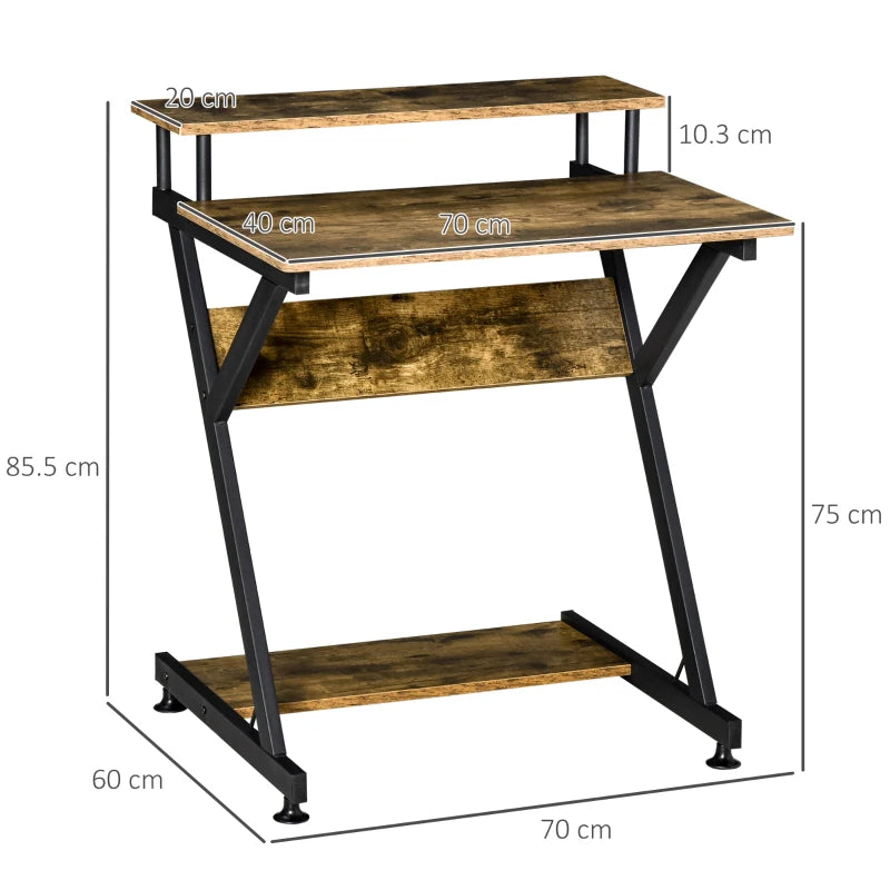 Industrial Computer Desk with Monitor Stand - 70x60cm Compact Home Office Desk for Small Spaces - Rustic Brown Finish