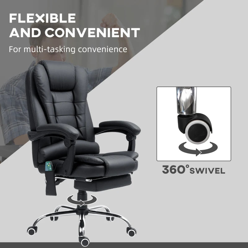 Vinsetto Ergonomic Office Chair with 6-Point Massage, Back Heat, Adjustable Footrest, Swivel Wheels, Reclining - Black PU