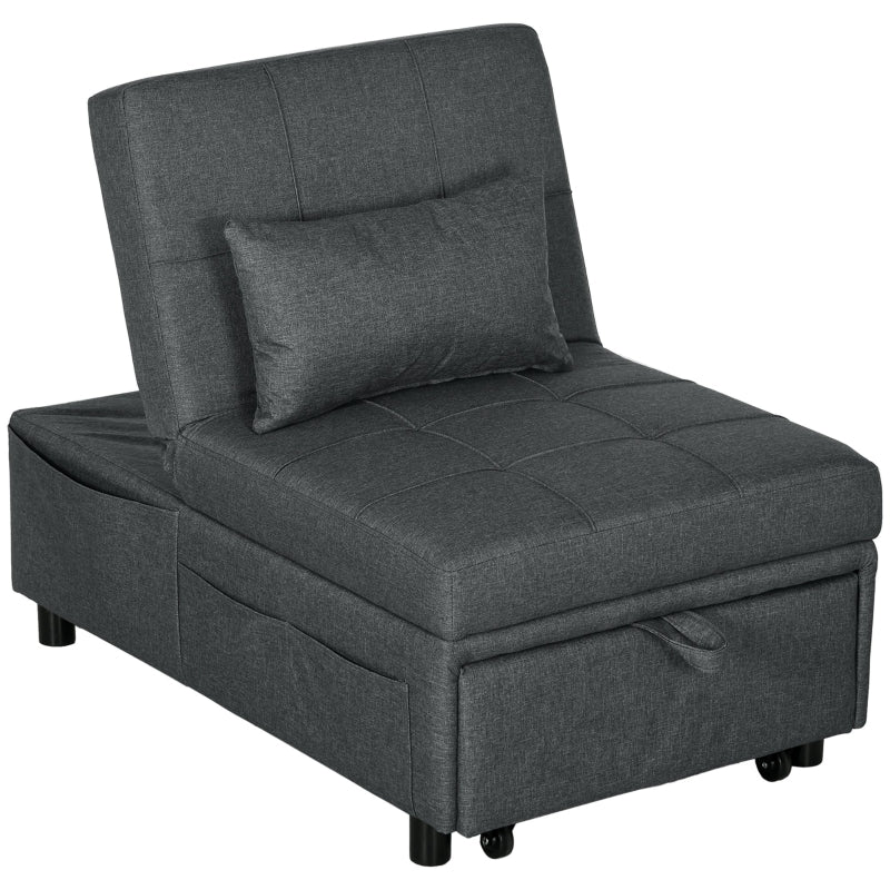 4-in-1 Convertible Chair Bed with Adjustable Backrest, Side Pocket, Wheels and Pillow for Living Room, Grey