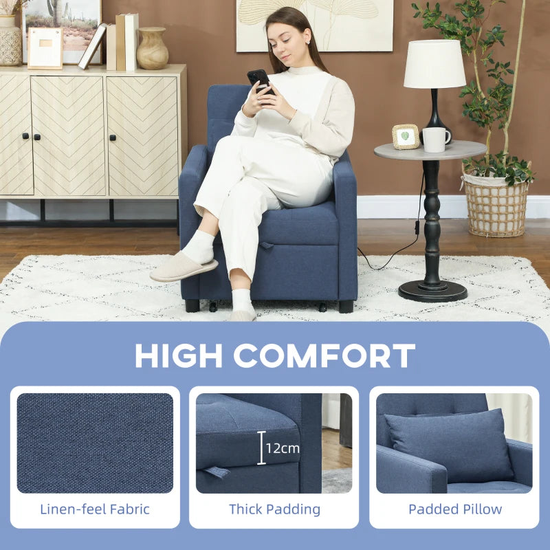 Convertible 3-in-1 Chair Bed with Adjustable Backrest, Pillow and Footrest for Living Room, Blue