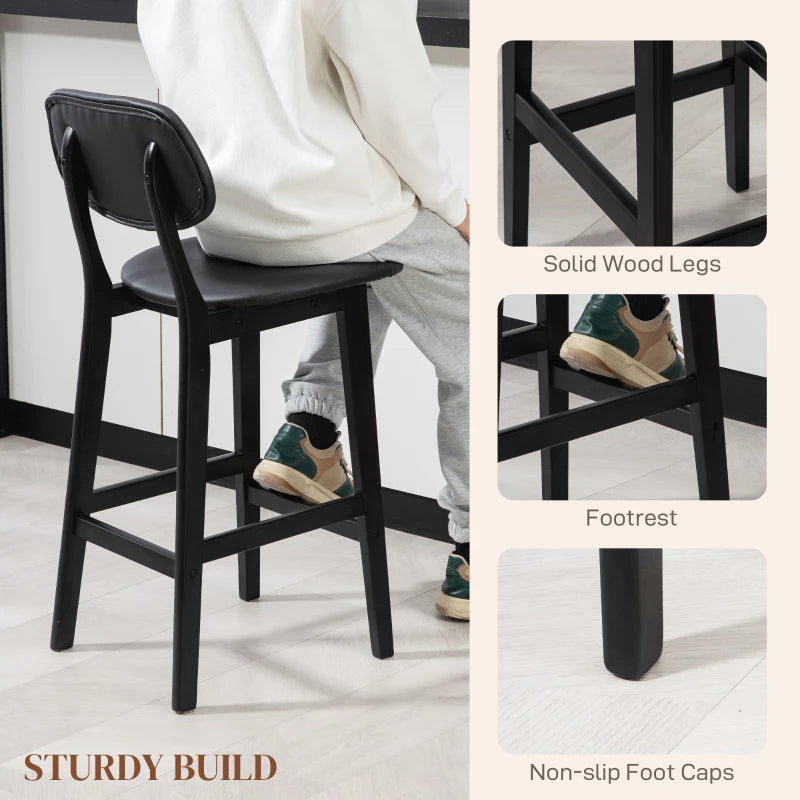 Set of 2 Classic Black Wooden Bar Stools with Faux Leather Seats - Stylish & Durable Design for Home or Bar