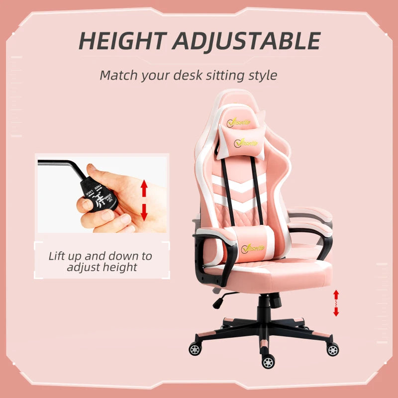 Vinsetto Pink Gaming Chair - Ergonomic Computer Desk Chair with Lumbar Support, Headrest & Swivel Wheels for Home Office