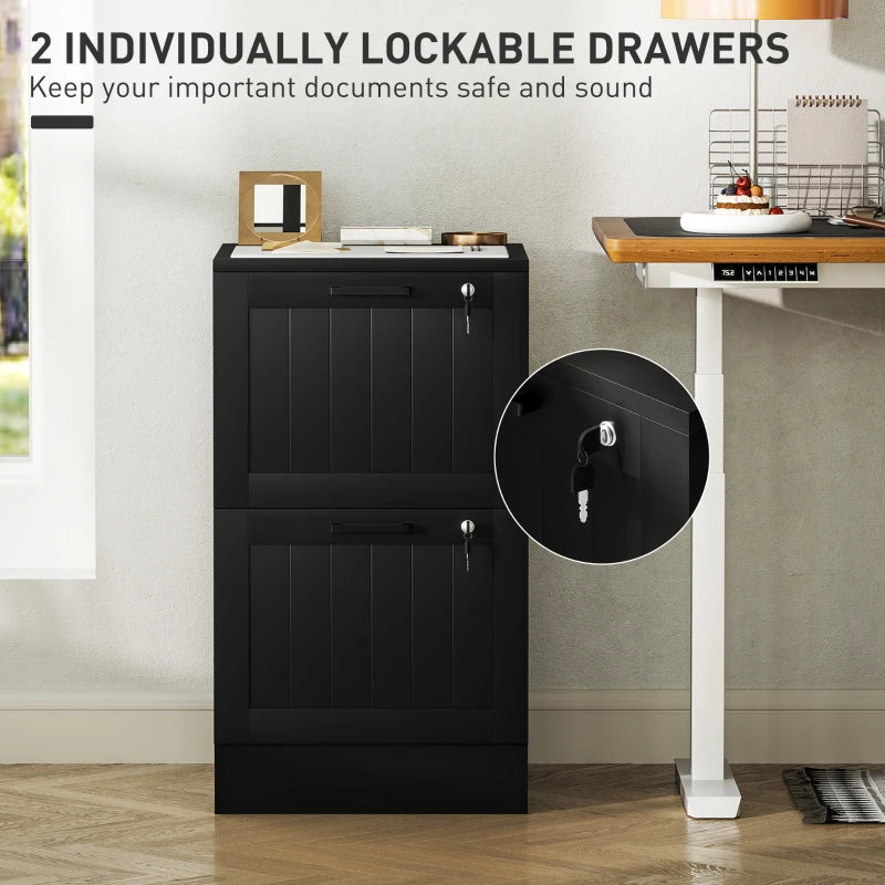 Secure 2 Drawer Filing Cabinet with Lock - Adjustable Hanging Bars for A4 Files - Stylish Black Office Storage Solution