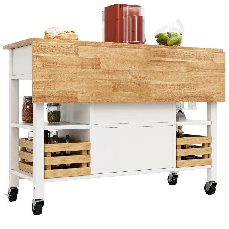 Rolling Kitchen Island Trolley with Adjustable Shelf, 3 Drawers, Spice Rack & Folding Side Board - White, 120x45x90 cm