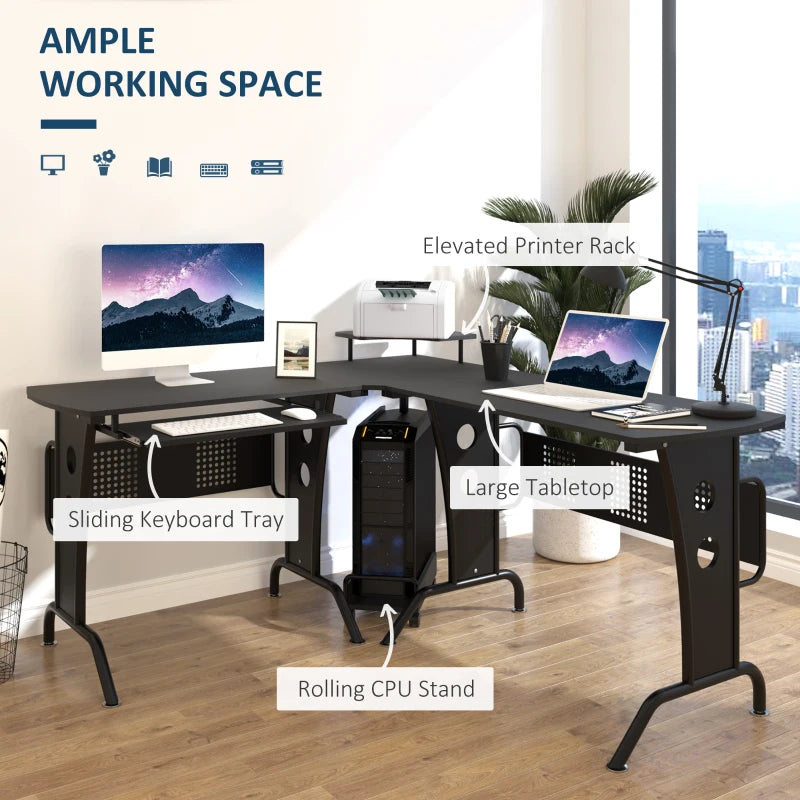 L-Shaped Gaming Desk with CPU Rack & Keyboard Tray - Space-Saving Steel Frame Home Office Desk, 165x145cm, Black