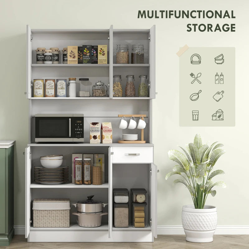 Freestanding White Kitchen Storage Cabinet with 6 Doors Adjustable Shelves and Open Countertop