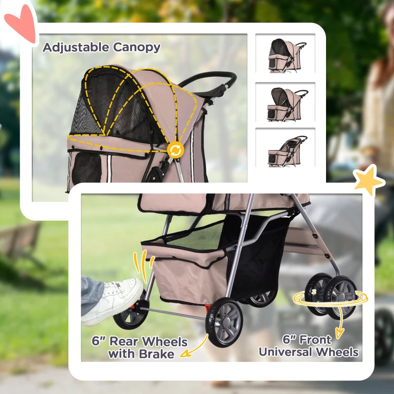 Foldable Pet Stroller for Small Dogs & Cats - Travel Carriage with Wheels, Zipper Entry, Cup Holder & Storage Basket - Brown
