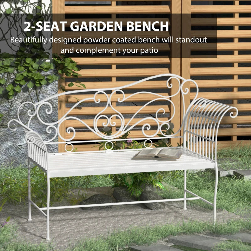 White Metal Garden Bench - 2 Seater Outdoor Seating