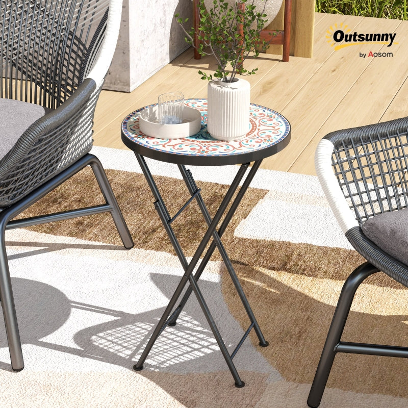 Mosaic Round Folding Garden Table, 35.5cm Metal Frame Coffee Table for Balcony, Multicolour