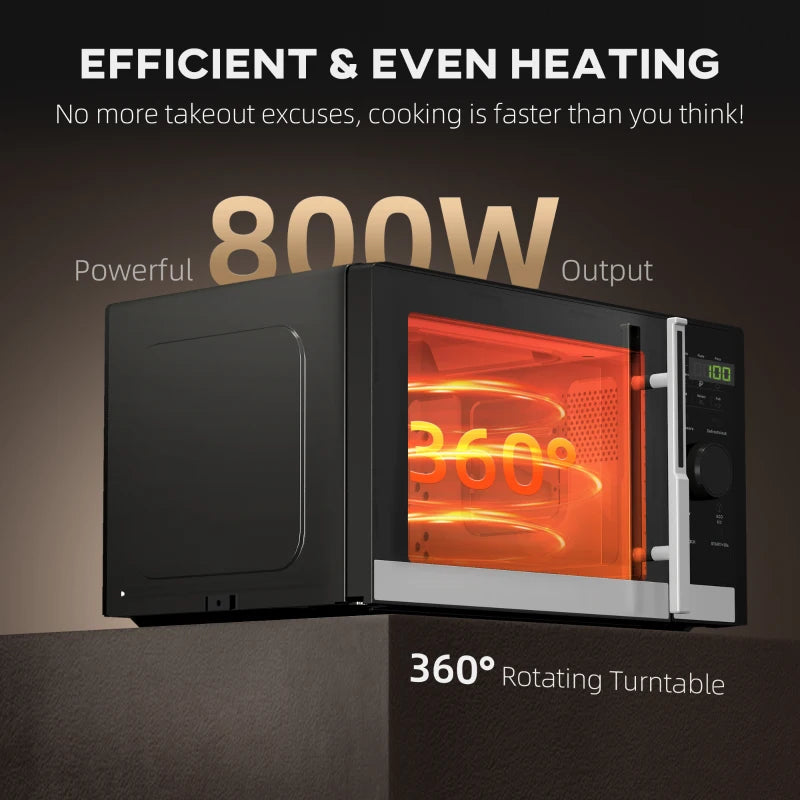 Compact 800W Black Microwave Oven - Digital Solo, 10 Power Levels, 8 Auto Cook Menus, 60 Min Timer, Easy Clean