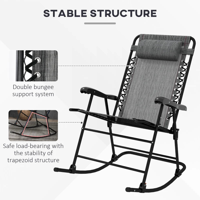 Grey Folding Rocking Chair with Headrest for Outdoor Use
