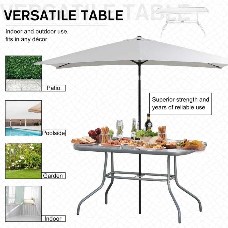 Grey Outdoor Dining Table with Glass Top and Parasol Hole - 140x80cm