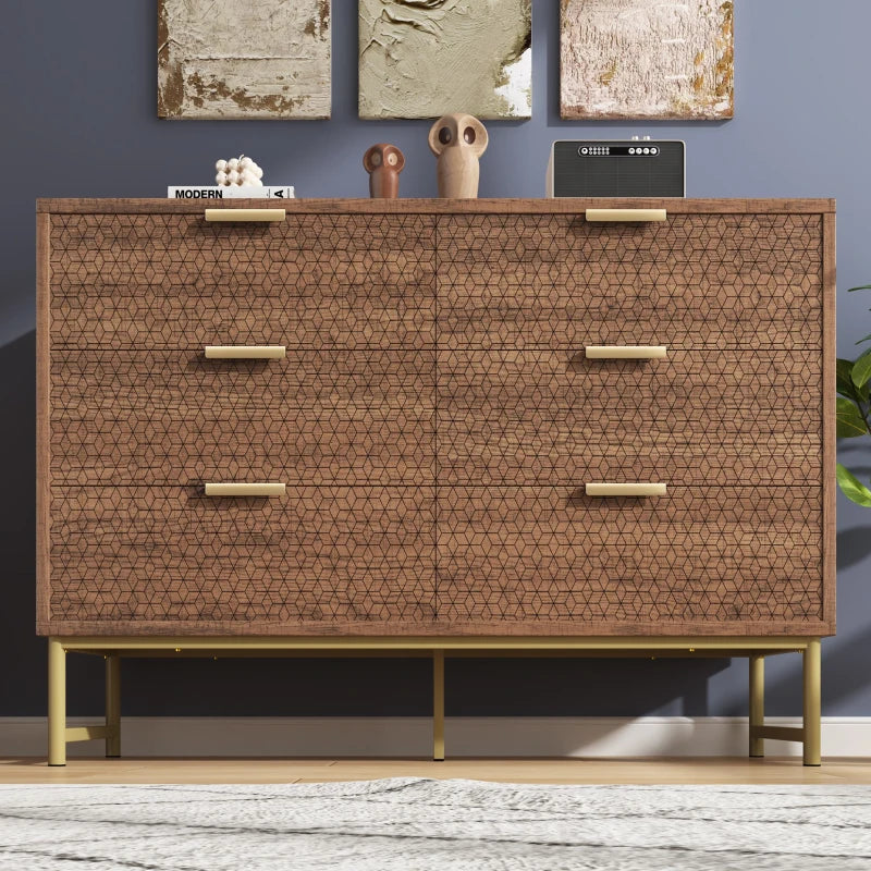 Embossed Wood Chest of Drawers - 6-Drawer Sideboard, Anti-Tip Design, Walnut Finish, 120x40x75 cm for Living Room