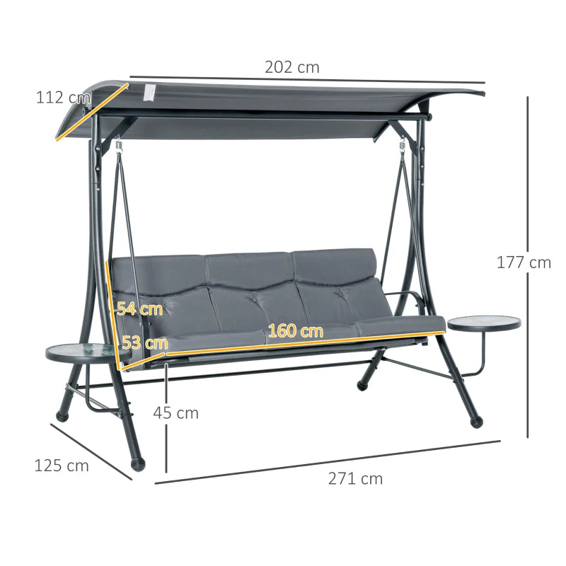 Grey 3-Seater Garden Swing Chair with Adjustable Canopy, Cushion, and Coffee Tables