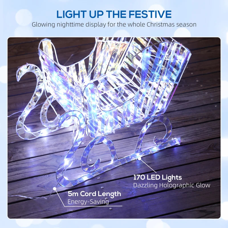 Lighted Christmas Reindeer Sleigh - 170 Warm White LED Outdoor Yard Decor, Waterproof Silver Holiday Decoration with Stakes