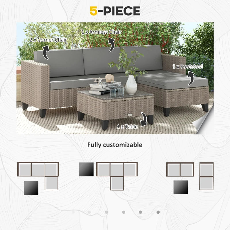 5-Piece Rattan Patio Furniture Set with Corner Sofa, Footstools, Coffee Table