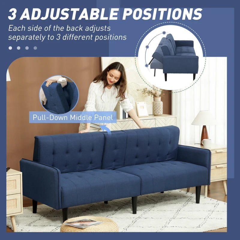 Dark Blue Three-Seater Sofa Bed with Cupholders for Comfort and Style in Your Living Room