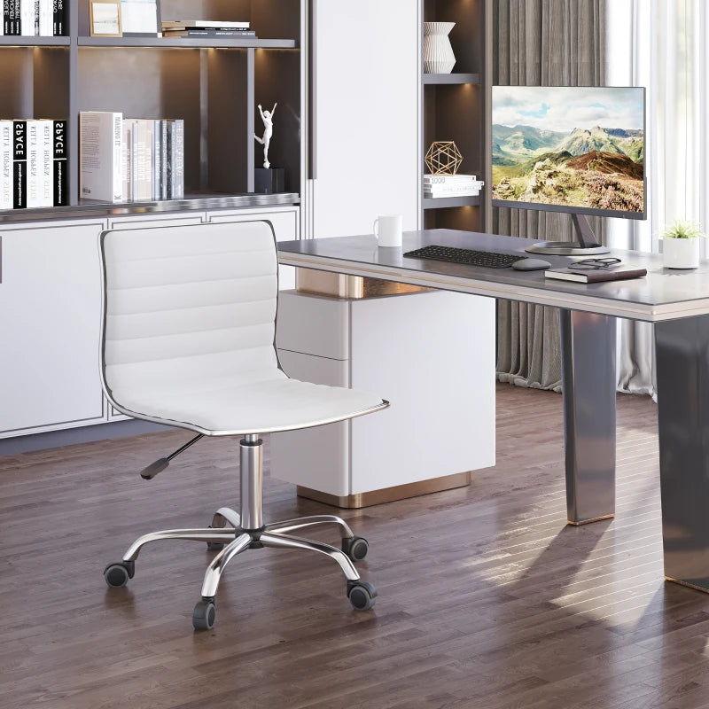 Adjustable Swivel Office Chair - Armless Mid-Back Design in White PU Leather with Chrome Base for Modern Workspaces