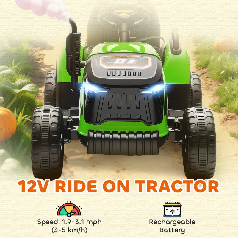12V Kids Ride on Tractor with Trailer Remote Control Music for Ages 3-8 Green