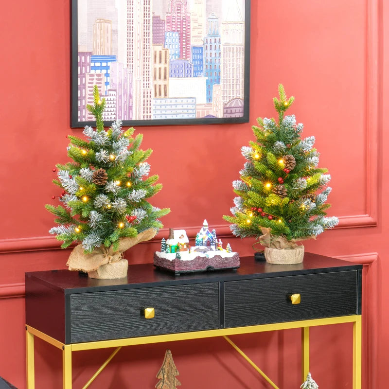 Set of 2 Mini 2ft Christmas Trees with Lights, Berries & Pinecones - Perfect Holiday Decor for Home & Office