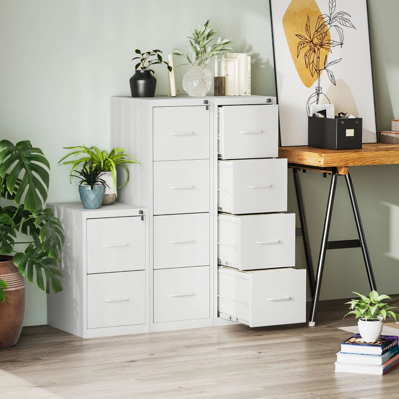 Modern White Four-Drawer Steel Filing Cabinet - Durable Office Storage Solution for Organizing Documents and Files