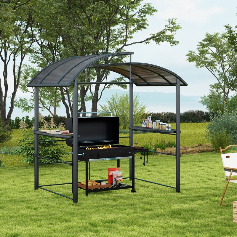 Dark Grey Outdoor Grill Gazebo with Side Shelves and PC Board Roof
