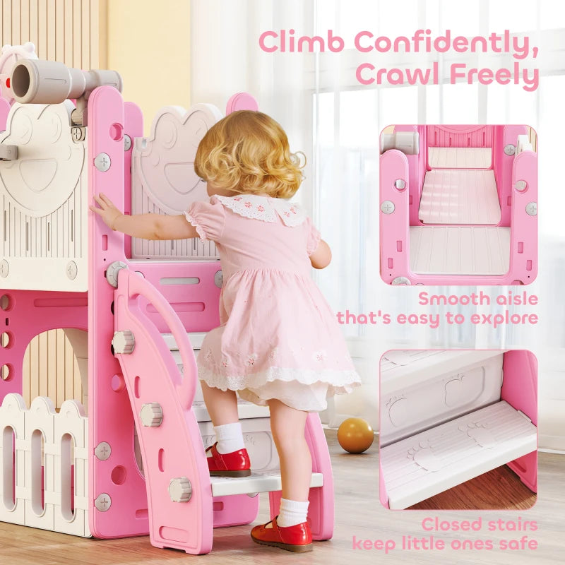 7 in 1 Toddler Slide Set with Basketball Hoop Climbing Frame Telescope Drawing Board Storage Box Pink