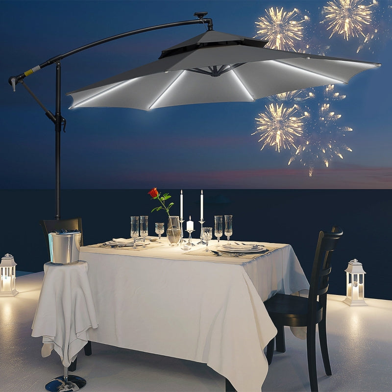 Light Grey Cantilever Hanging Umbrella with LED Solar Lights