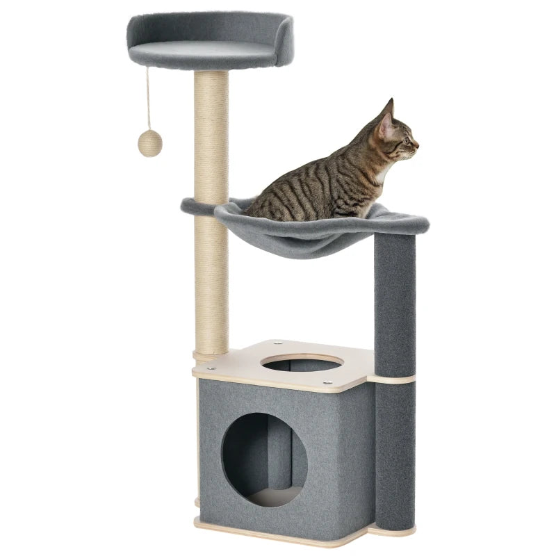 95cm Cat Tree for Indoor Cats - Climbing Tower with Scratching Post, Condo, Hammock & Hanging Toy - Grey