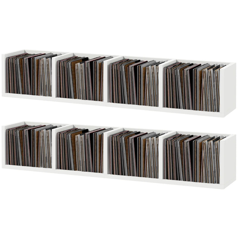 Wall Mount Media Storage Rack - 84 CD / 56 DVD/Blu-ray Organizer, 4 Cubes, Set of 2, White Wooden Shelf Unit