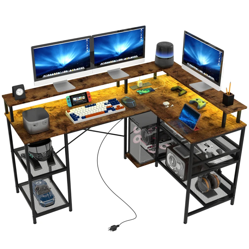 Modern LED Light 'L' Shape Computer Desk with Shelves - Stylish Brown Finish for Home Office