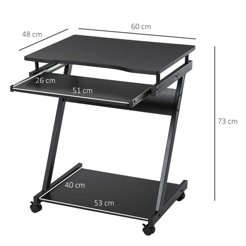 Movable Black Computer Desk with 4 Wheels & Sliding Keyboard Tray - Ideal Home Office Workstation