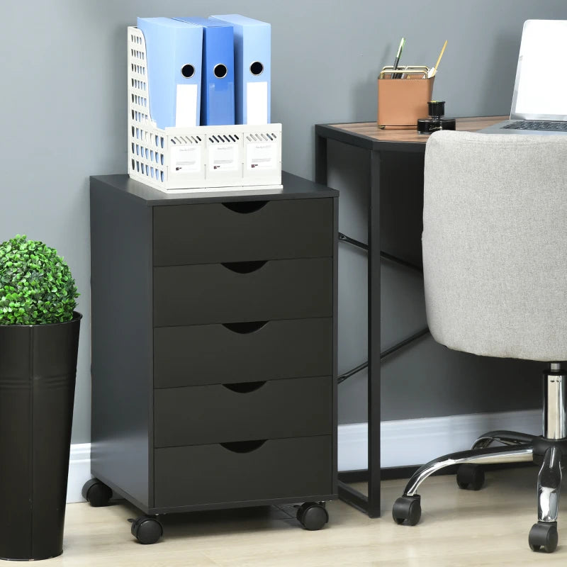 Modern 5 Drawer Mobile Filing Cabinet - Vertical Office Storage Organizer, Rolling Cupboard in Black for Efficient Workspace
