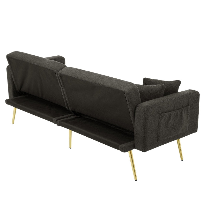 Stylish Modern Loveseat Sofa Bed with Adjustable Backrest, Gold Legs, and Side Storage Pockets in Dark Grey
