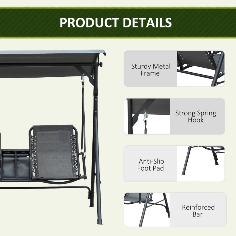 Grey 2-Seat Swing Chair with Adjustable Canopy and Middle Table