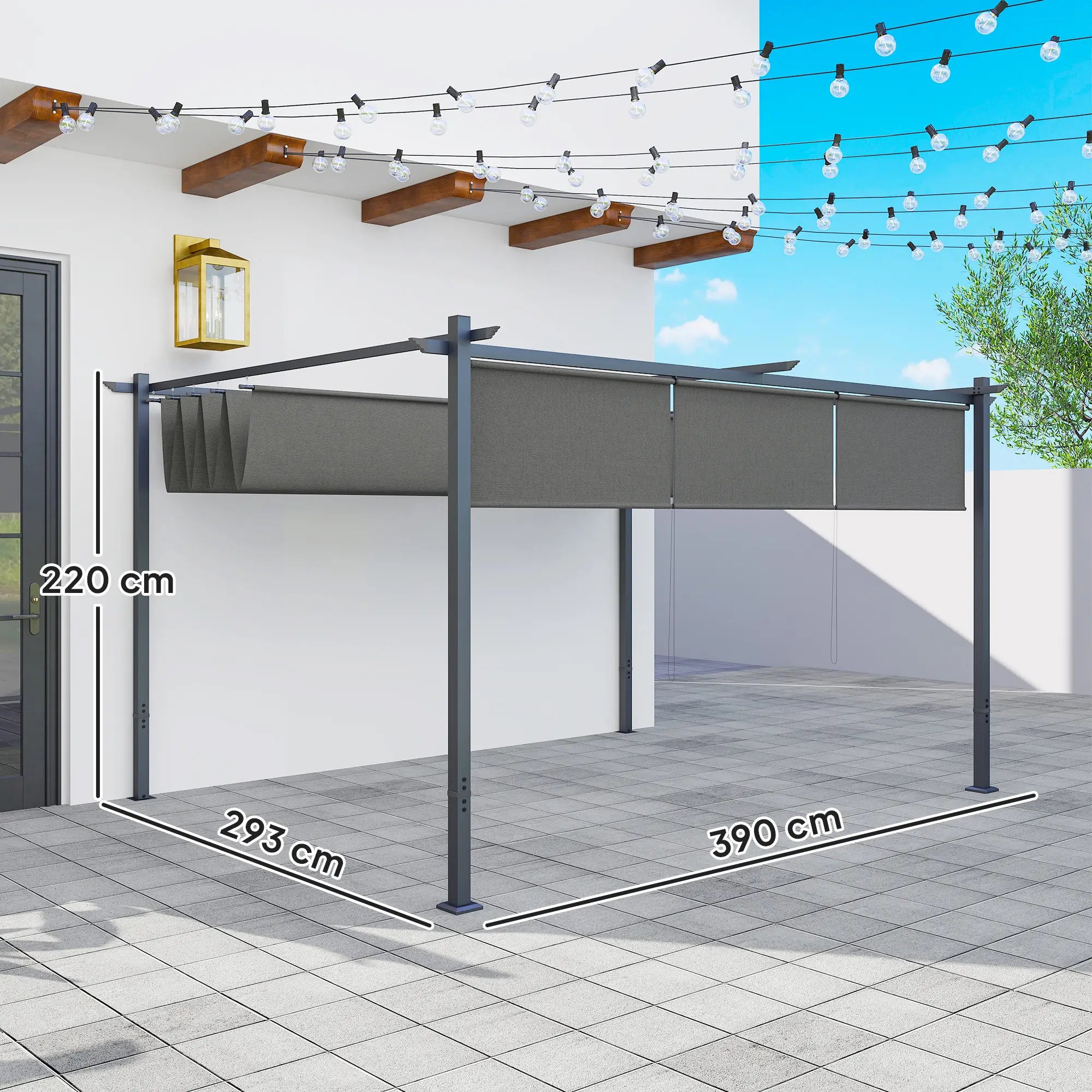 3m x 4m Metal Pergola with Retractable Roof and Roller Shade, Wall-Mounted or Free Standing Garden Gazebo Canopy - UPF30+