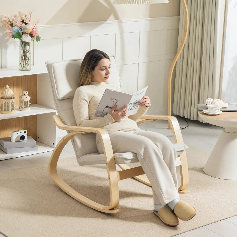 Comfortable Upholstered Rocking Chair with High Back and Headrest for Living Room and Bedroom in Cream White