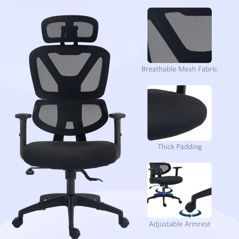 Vinsetto Adjustable Mesh Office Chair with Lumbar Support, Swivel Wheels & Headrest - Ergonomic Black Desk Chair