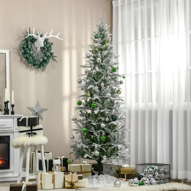7 Ft Snow Flocked Artificial Christmas Tree with Realistic Cypress Branches, Auto Open, Lush Green Holiday Decor