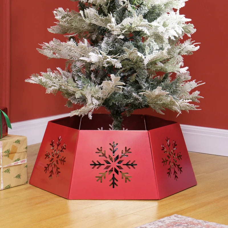 Hexagon Christmas Tree Collar - Red Snowflake Pattern Base Cover for Holiday Decor, Xmas Party Home Decoration