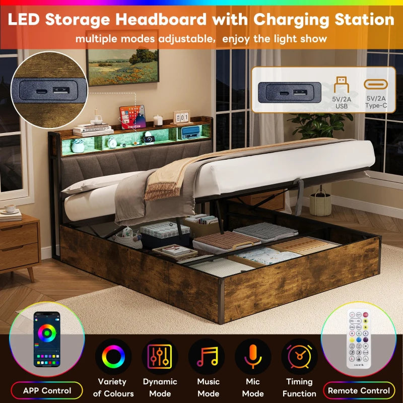 Double Bed Frame with RGB LED Headboard & Charging Station, Hydraulic Storage, Linen Fabric, Black & Walnut, 205x136x109 cm