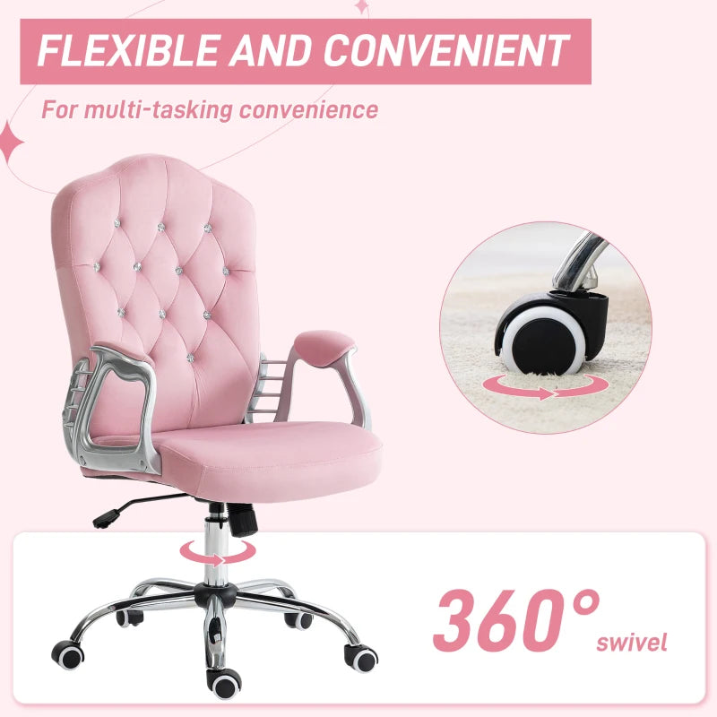 Vinsetto Pink Velvet-Feel Office Chair with Diamante Back - Stylish Ergonomic Design for Home & Office