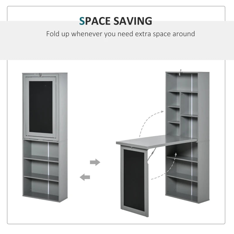 Folding Convertible Desk with Blackboard - Multi-Function Office Workstation & Side Shelf for Home Office - Grey