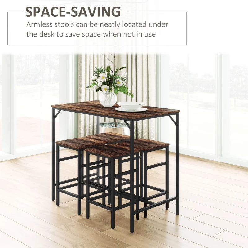 5-Piece Rustic Brown Breakfast Bar Table Set with 4 Stools - Space-Saving Kitchen Dining Furniture for Small Spaces
