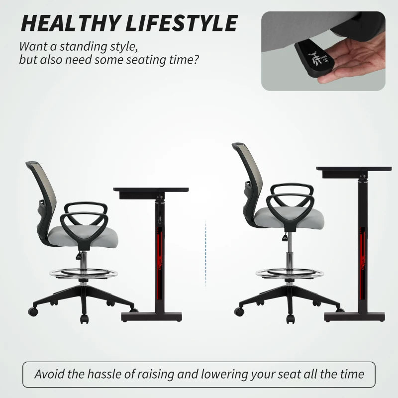 Vinsetto Light Grey Draughtsman Office Chair with Footrest - Adjustable Height, Ergonomic Design, 100-120cm for Comfort & Style