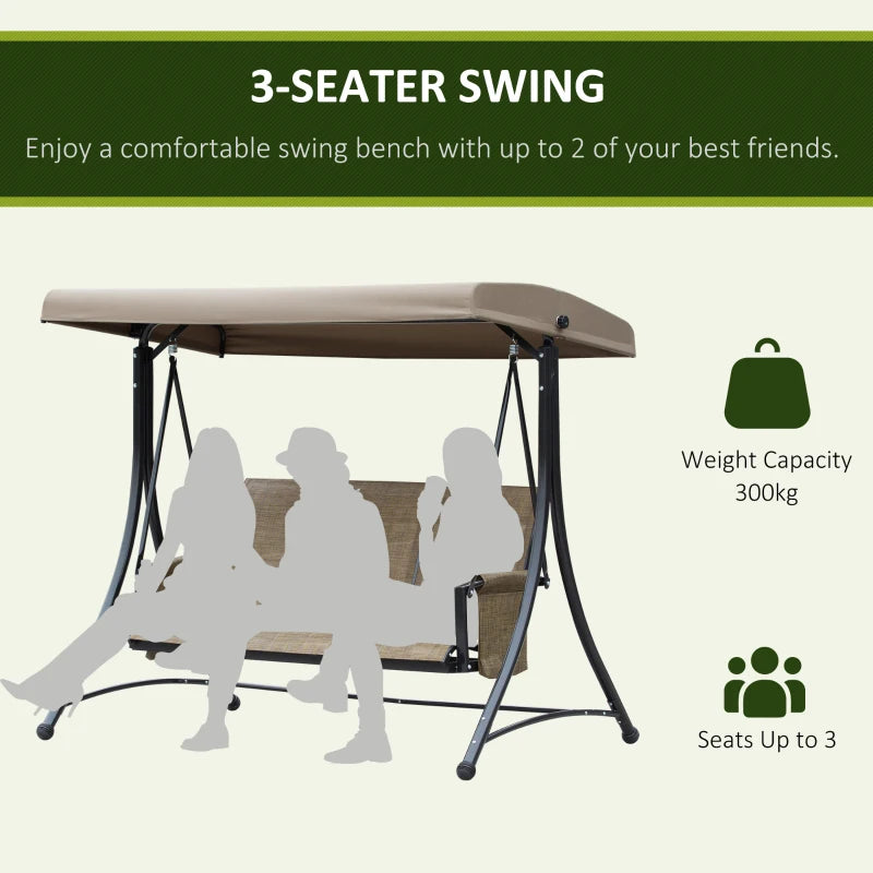 Brown 3-Seater Outdoor Swing Chair with High Back Design and Adjustable Canopy