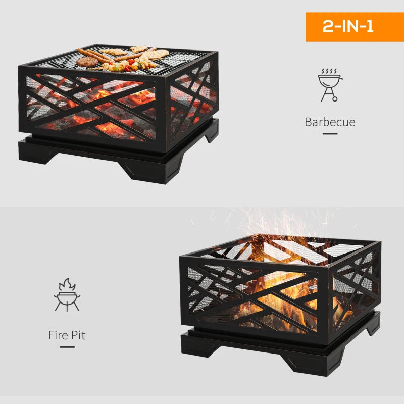 Black Square Fire Pit with Grill Shelf and Lid