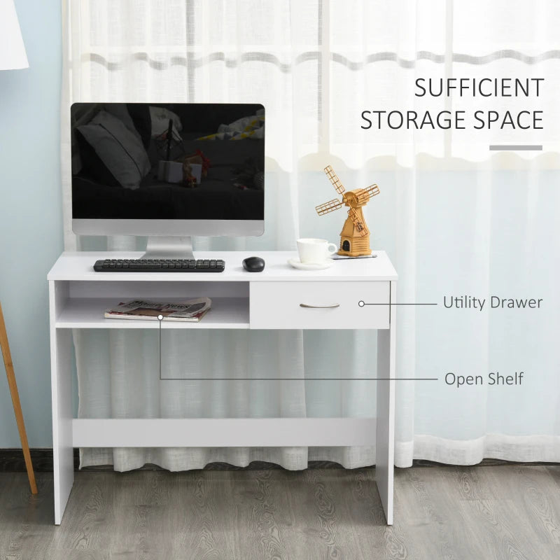 Compact White Computer Desk with Drawer & Storage Compartment - Stylish Study Table & Writing Workstation for Home Office